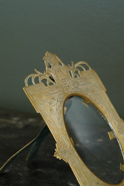 Antique Victorian Gilt Brass Oval Photo Frame, Engraved Floral, Circa 1900