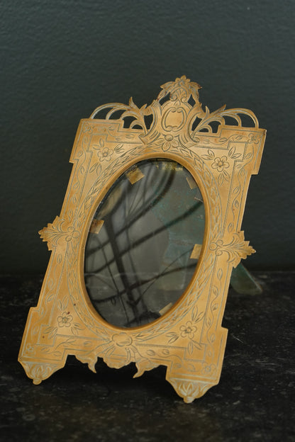 Antique Victorian Gilt Brass Oval Photo Frame, Engraved Floral, Circa 1900