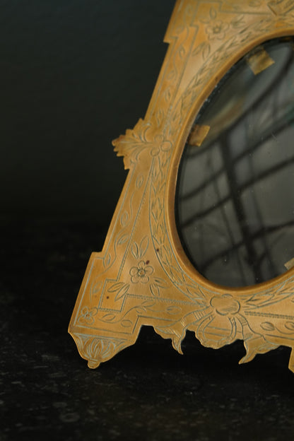 Antique Victorian Gilt Brass Oval Photo Frame, Engraved Floral, Circa 1900