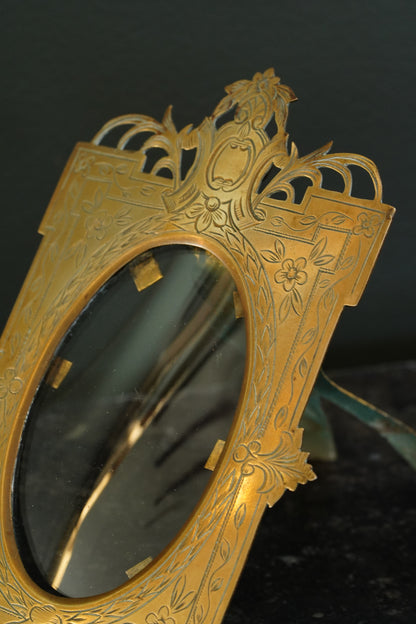 Antique Victorian Gilt Brass Oval Photo Frame, Engraved Floral, Circa 1900
