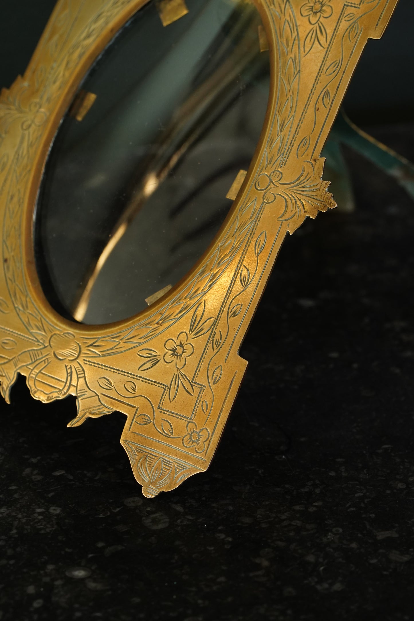 Antique Victorian Gilt Brass Oval Photo Frame, Engraved Floral, Circa 1900