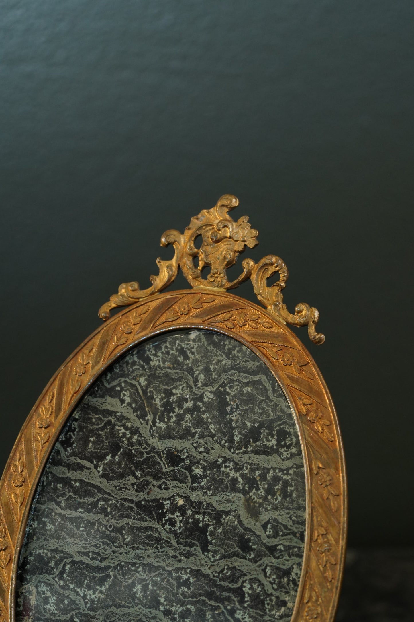Antique French Gilt Brass Oval Picture Frame, Rococo Crest