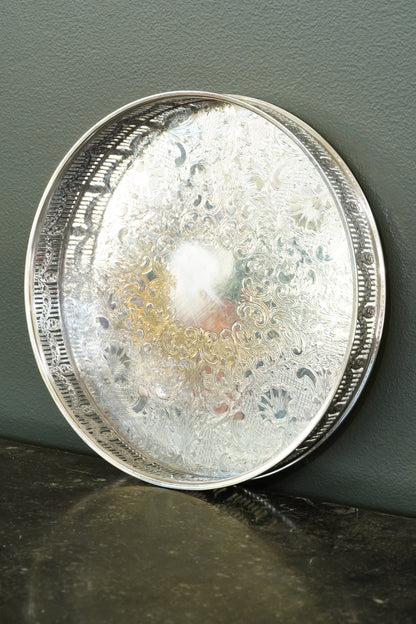 Antique Round English Silverplate Gallery Tray, Chased, Sheffield