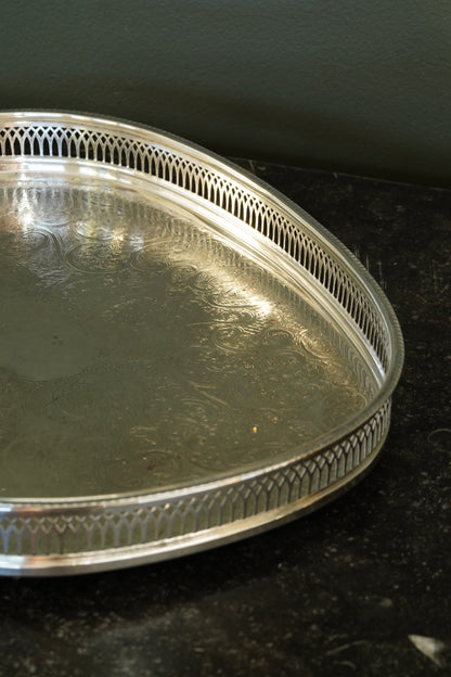 Vintage English Silverplate Gallery Tray with Ball Feet, Engraved Scrollwork