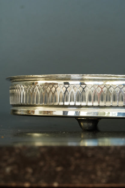 Vintage English Silverplate Gallery Tray with Ball Feet, Engraved Scrollwork