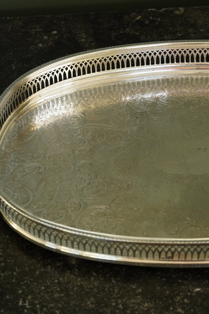Vintage English Silverplate Gallery Tray with Ball Feet, Engraved Scrollwork