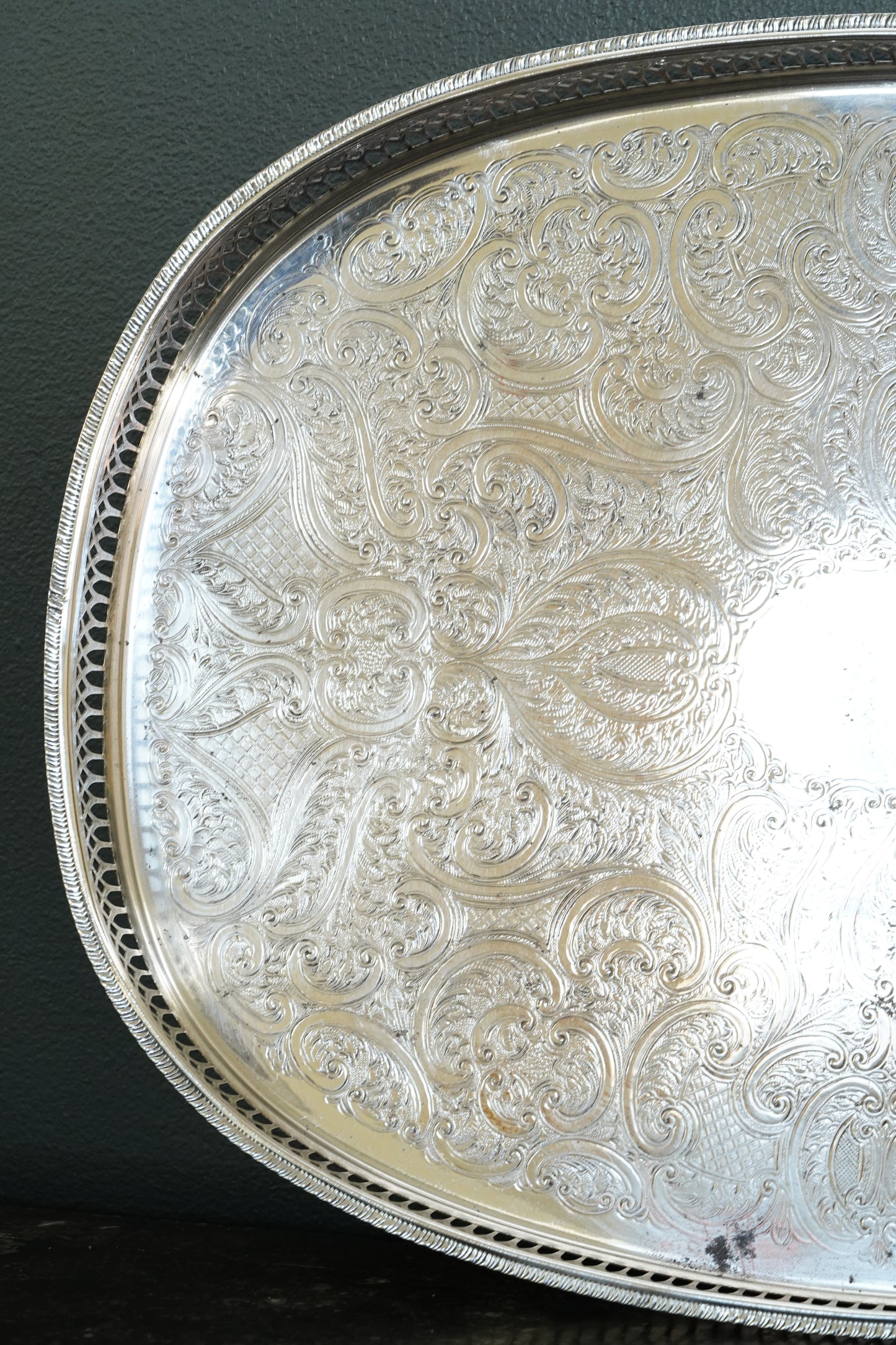 Vintage English Silverplate Gallery Tray with Ball Feet, Engraved Scrollwork