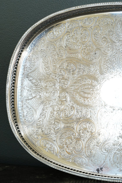Vintage English Silverplate Gallery Tray with Ball Feet, Engraved Scrollwork