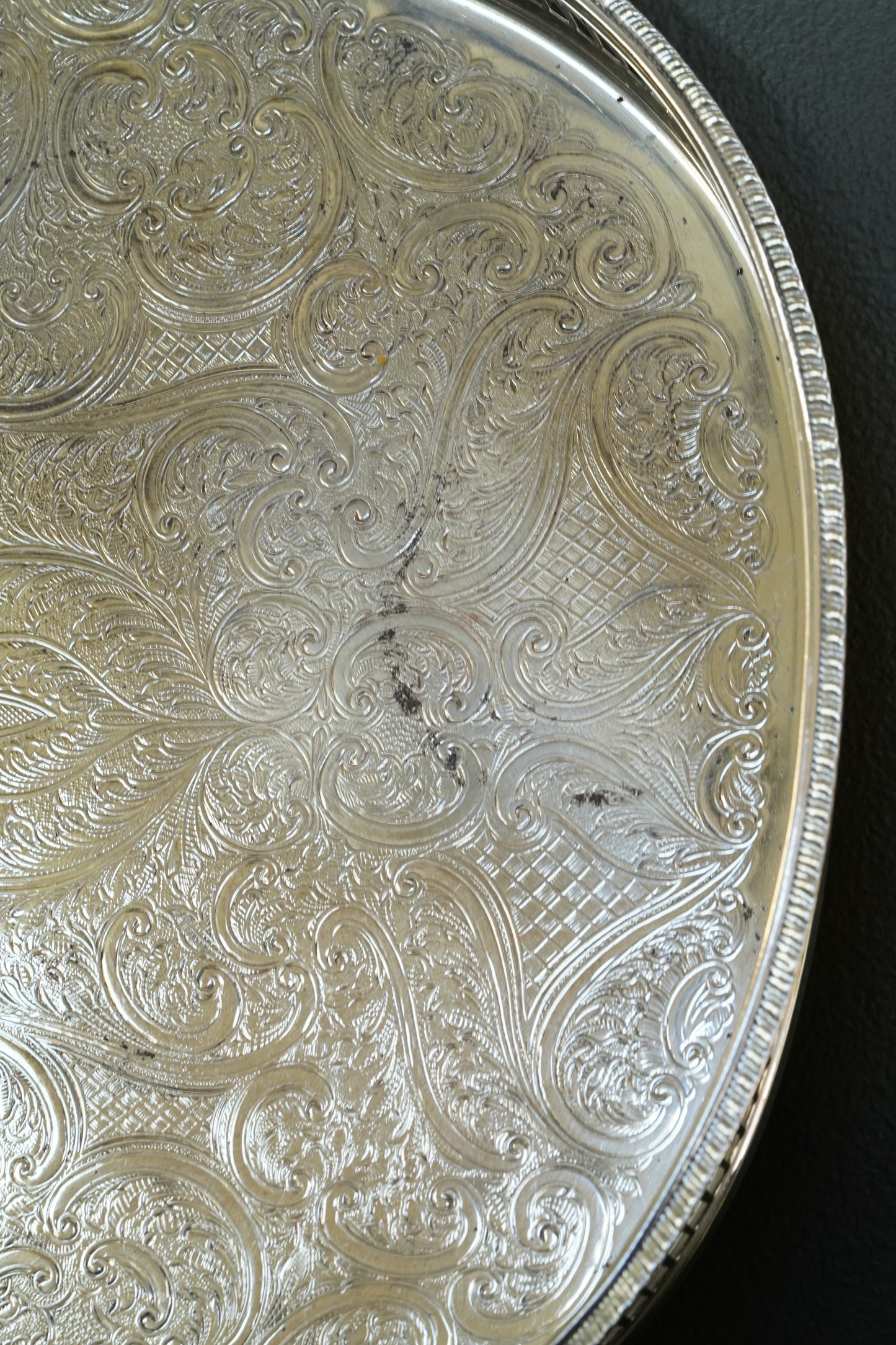 Vintage English Silverplate Gallery Tray with Ball Feet, Engraved Scrollwork