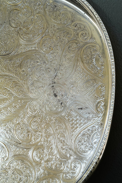 Vintage English Silverplate Gallery Tray with Ball Feet, Engraved Scrollwork
