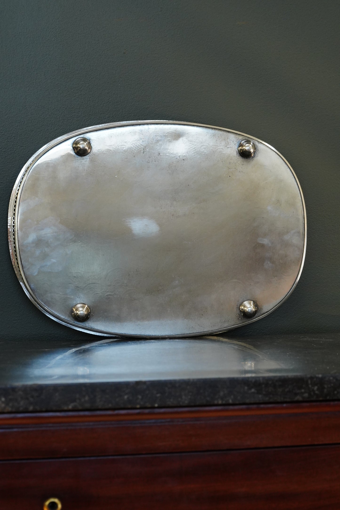 Vintage English Silverplate Gallery Tray with Ball Feet, Engraved Scrollwork