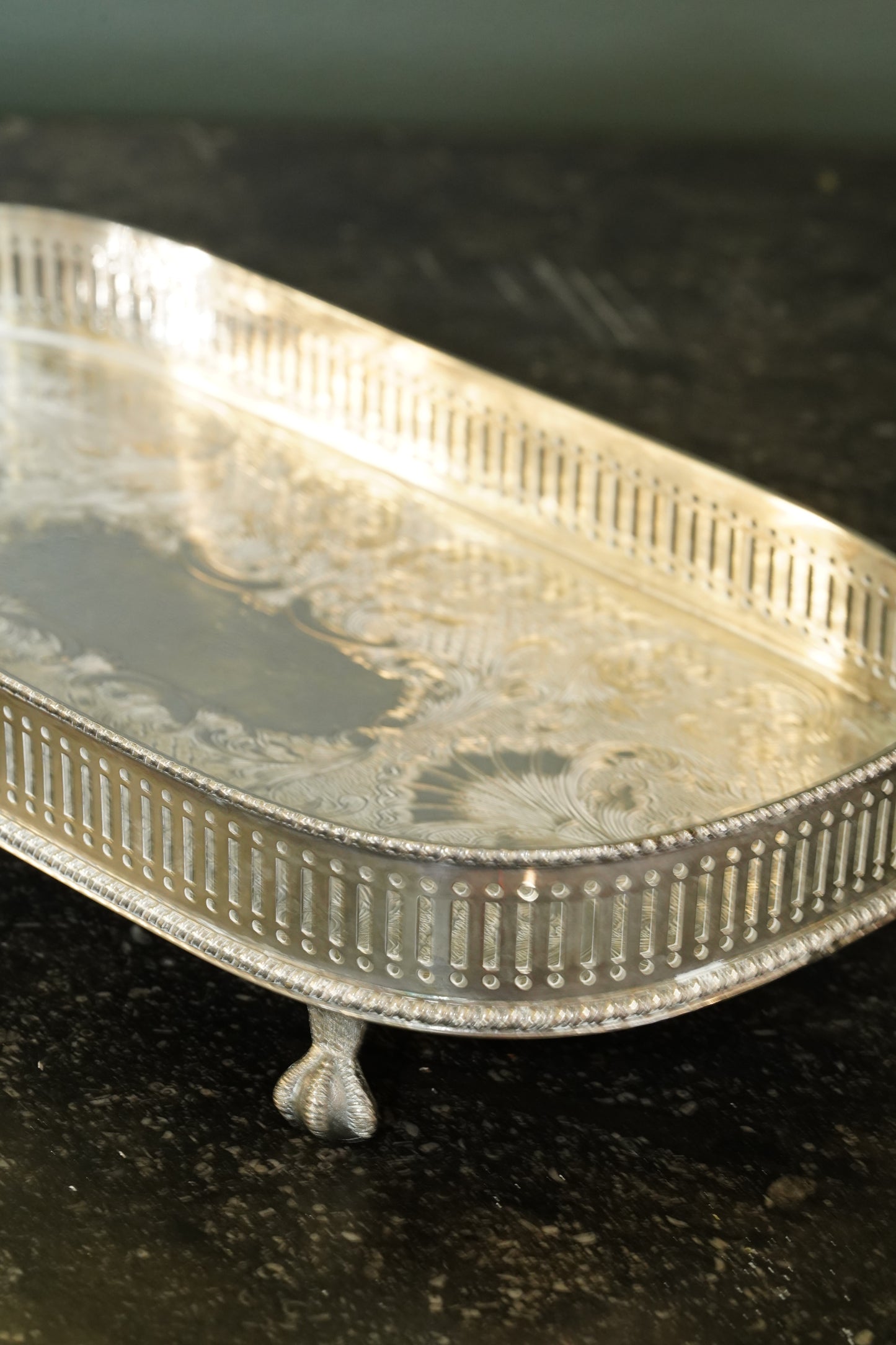 *RESERVED* Antique English Silverplate Gallery Tray with Feet, Sheffield