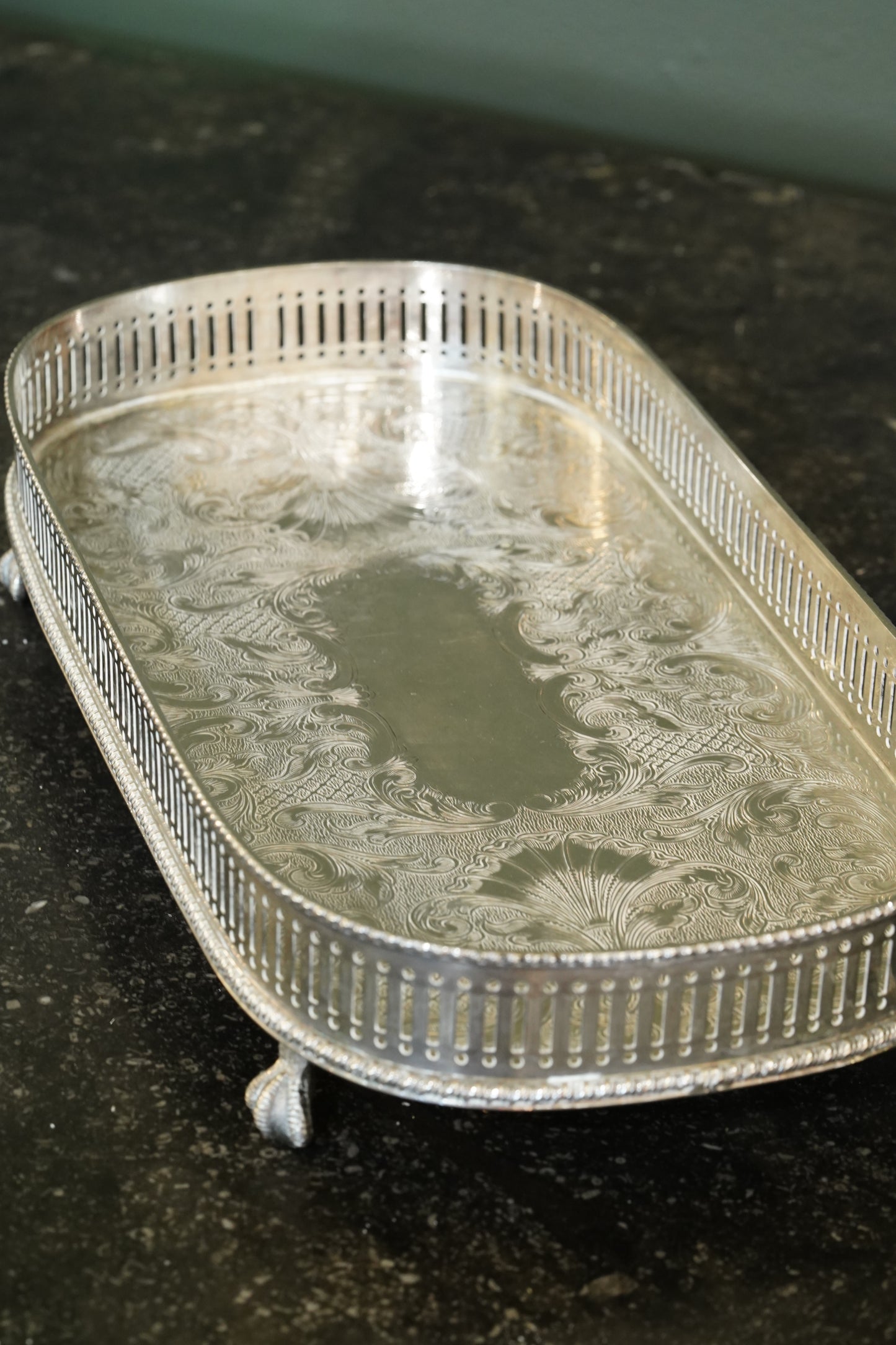 *RESERVED* Antique English Silverplate Gallery Tray with Feet, Sheffield