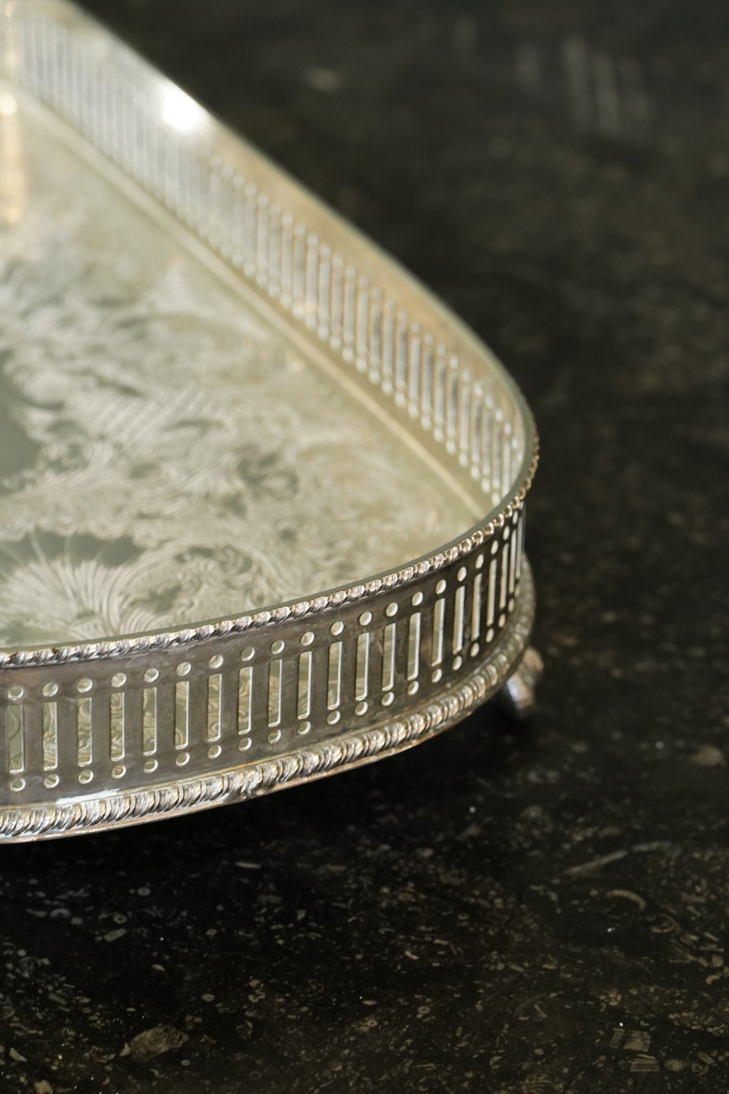 *RESERVED* Antique English Silverplate Gallery Tray with Feet, Sheffield