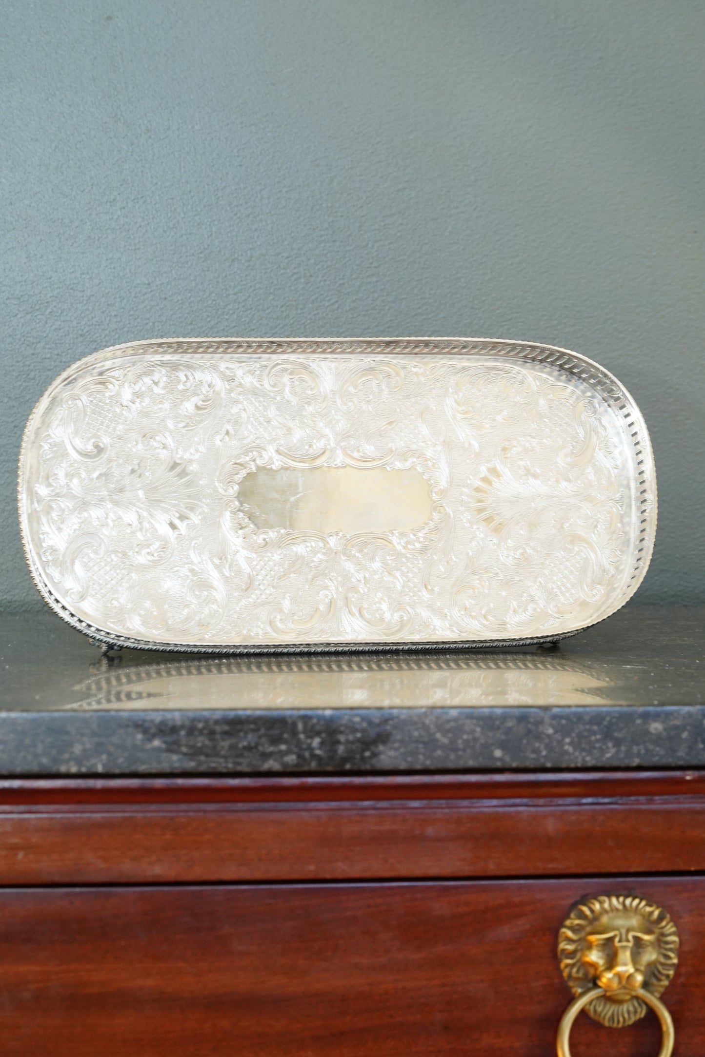 *RESERVED* Antique English Silverplate Gallery Tray with Feet, Sheffield