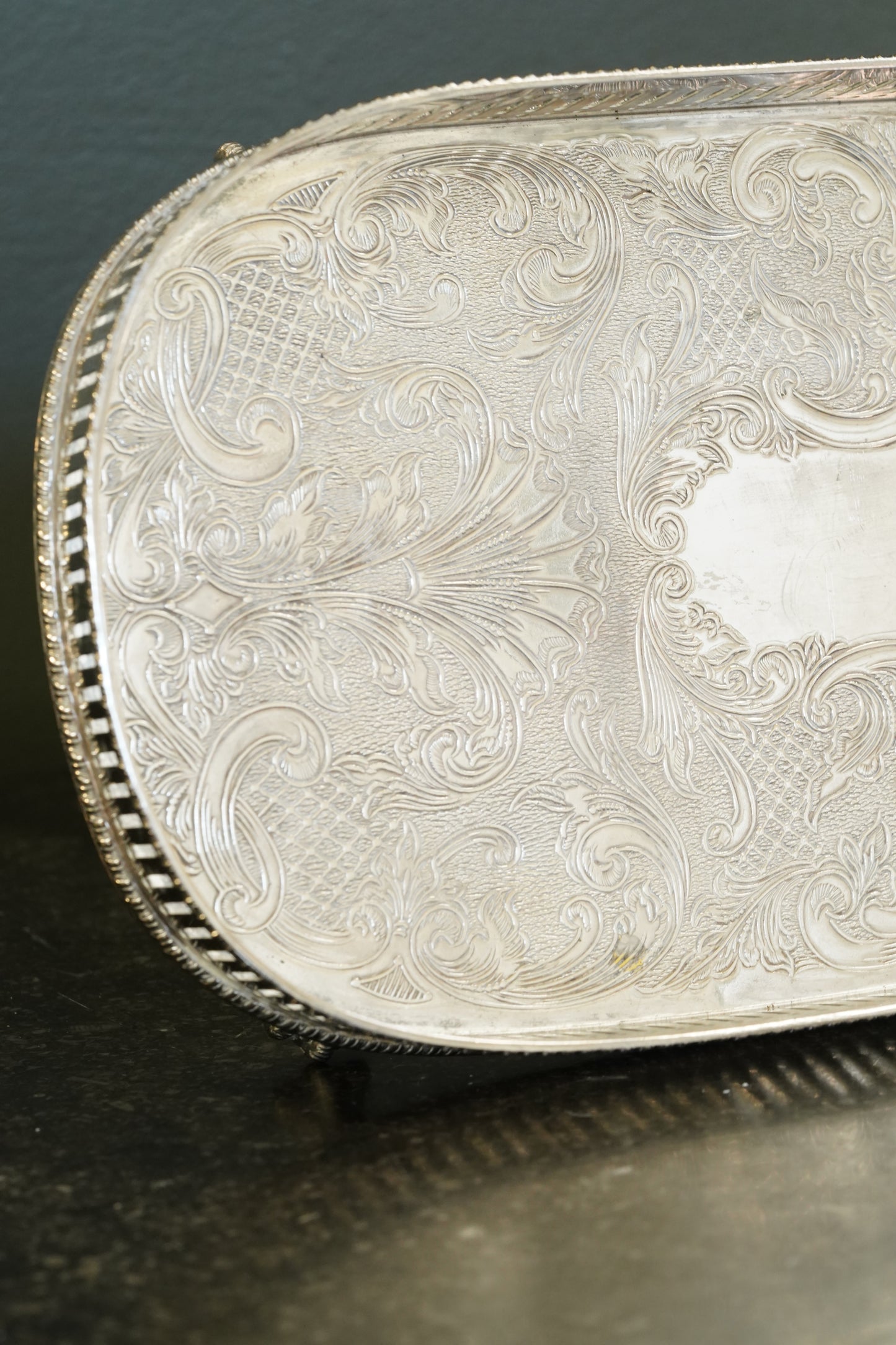 *RESERVED* Antique English Silverplate Gallery Tray with Feet, Sheffield