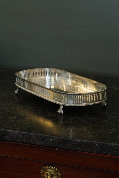 *RESERVED* Antique English Silverplate Gallery Tray with Feet, Sheffield