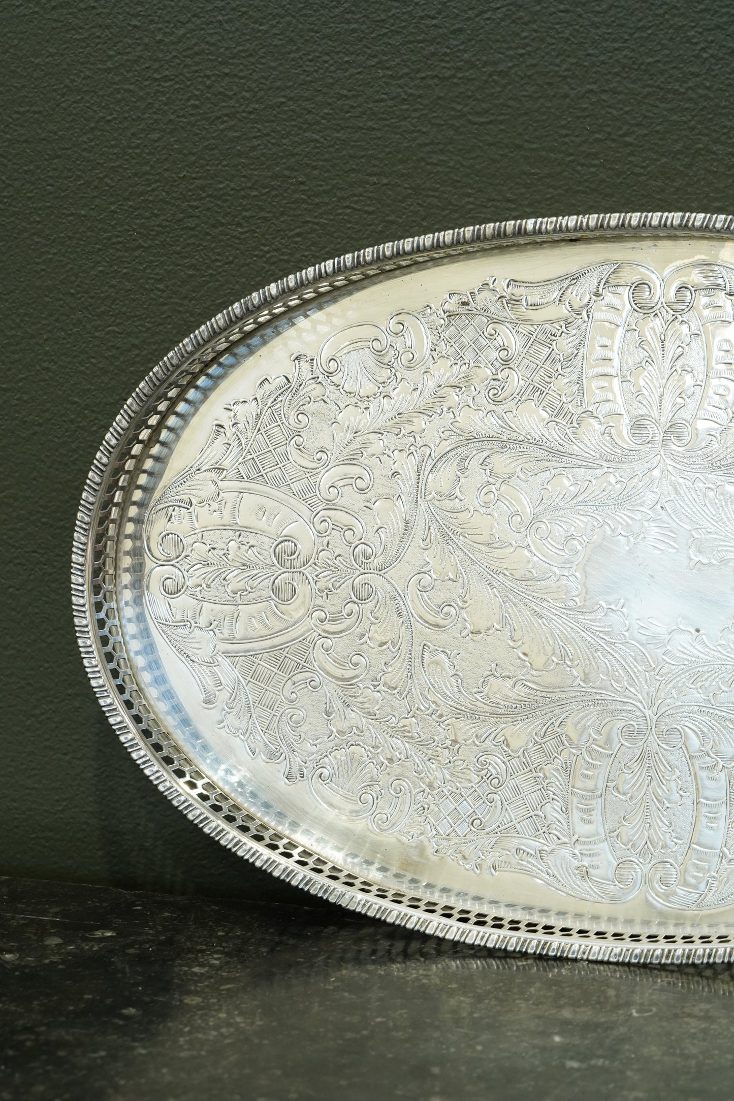 Vintage Viners of Sheffield Oval Silver Plate Gallery Tray, Ca. 1950
