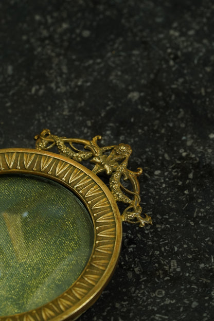 Antique French Gilt Brass Round Picture Frame, Convex Glass