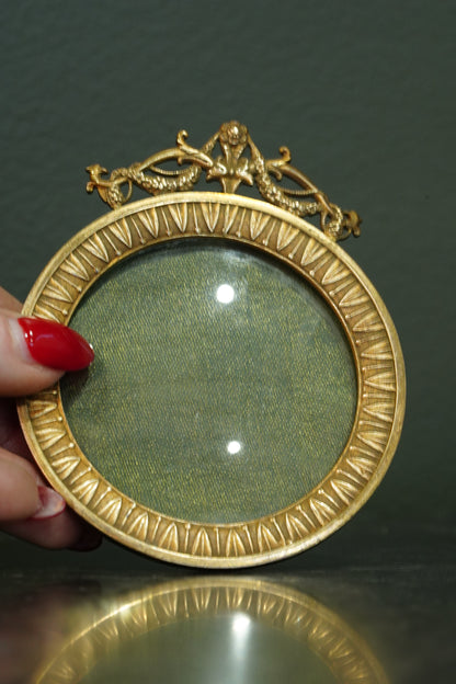 Antique French Gilt Brass Round Picture Frame, Convex Glass