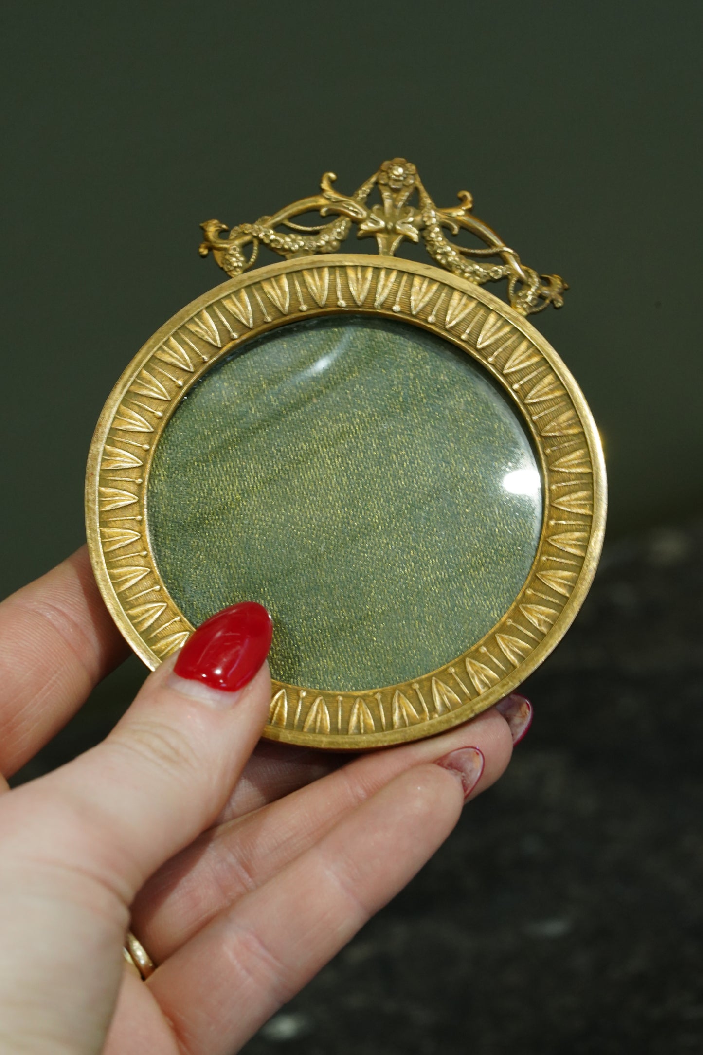 Antique French Gilt Brass Round Picture Frame, Convex Glass