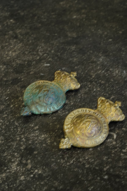 Antique Victorian Brass Cavalry Bit Boss Badges, Pair
