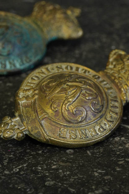 Antique Victorian Brass Cavalry Bit Boss Badges, Pair