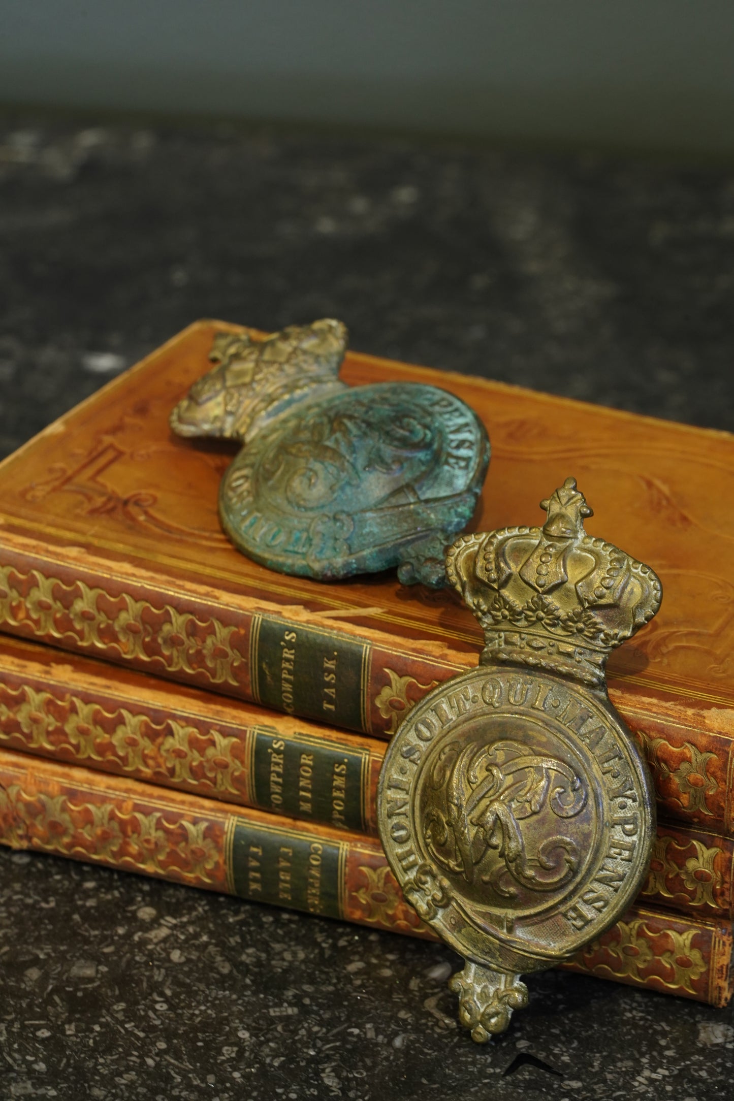 Antique Victorian Brass Cavalry Bit Boss Badges, Pair