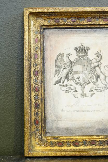 Antique Engraving, Earl of Ormonde Armorial Bookplate, Florentine Frame, Ca. 1850s
