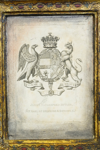 Antique Engraving, Earl of Ormonde Armorial Bookplate, Florentine Frame, Ca. 1850s