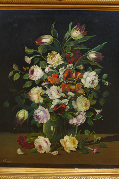Signed Floral Still Life Oil Painting, Dutch Manner, Mid-20th Century