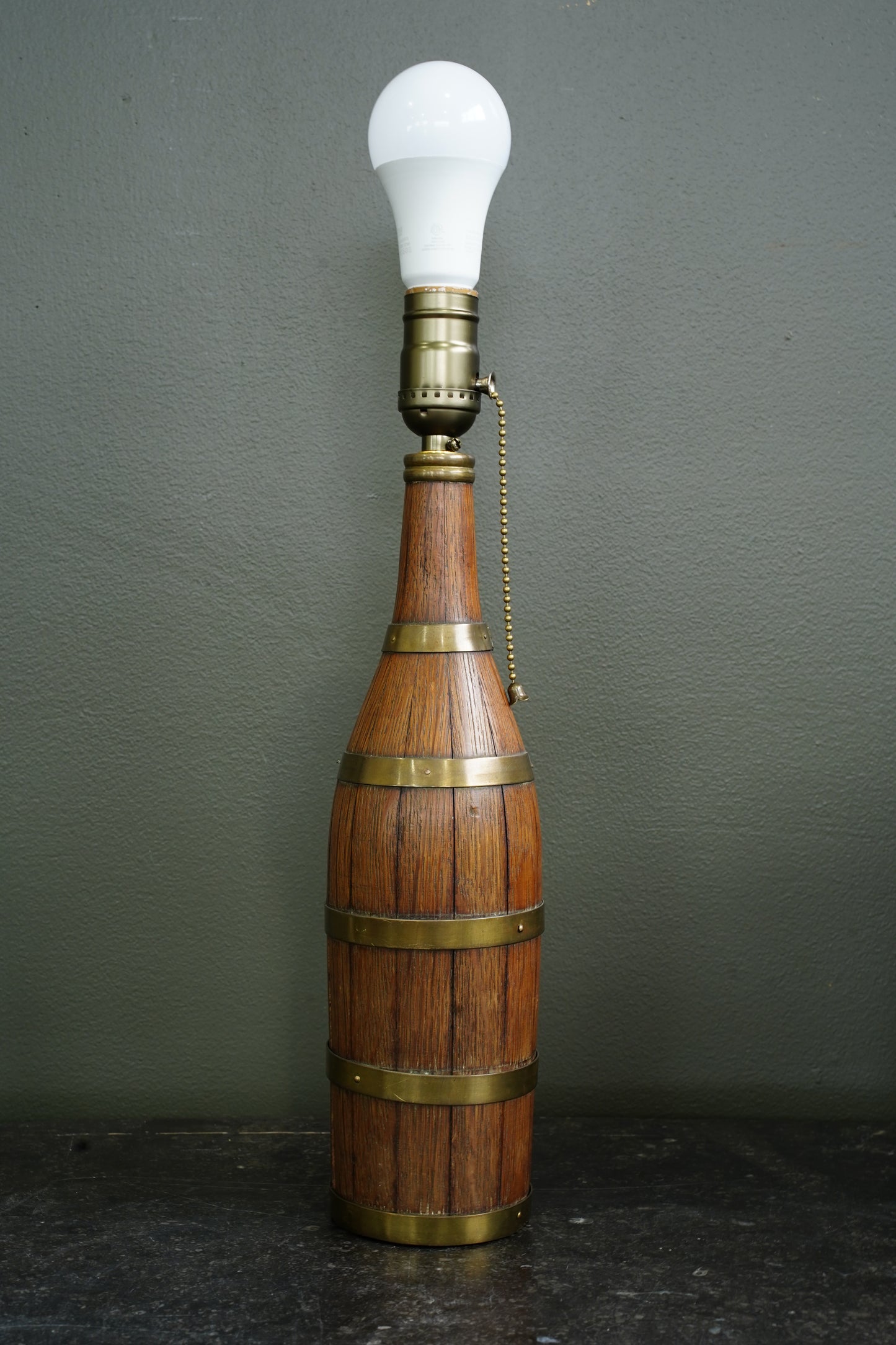 Antique European Oak Brass-Banded Bottle Table Lamp