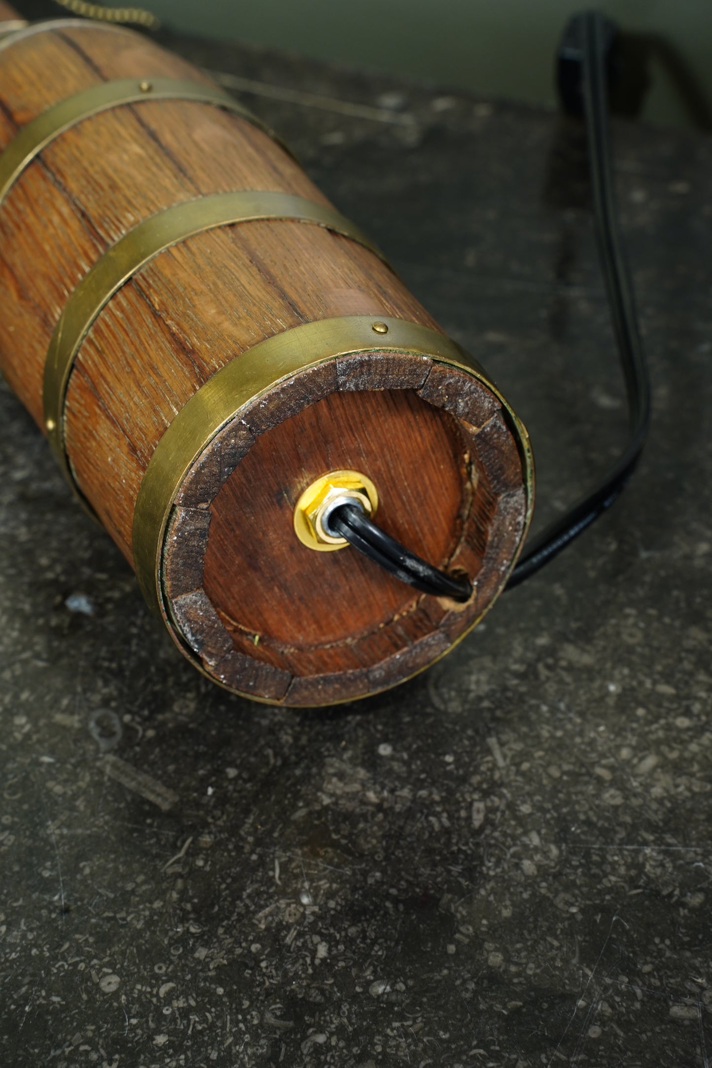 Antique European Oak Brass-Banded Bottle Table Lamp