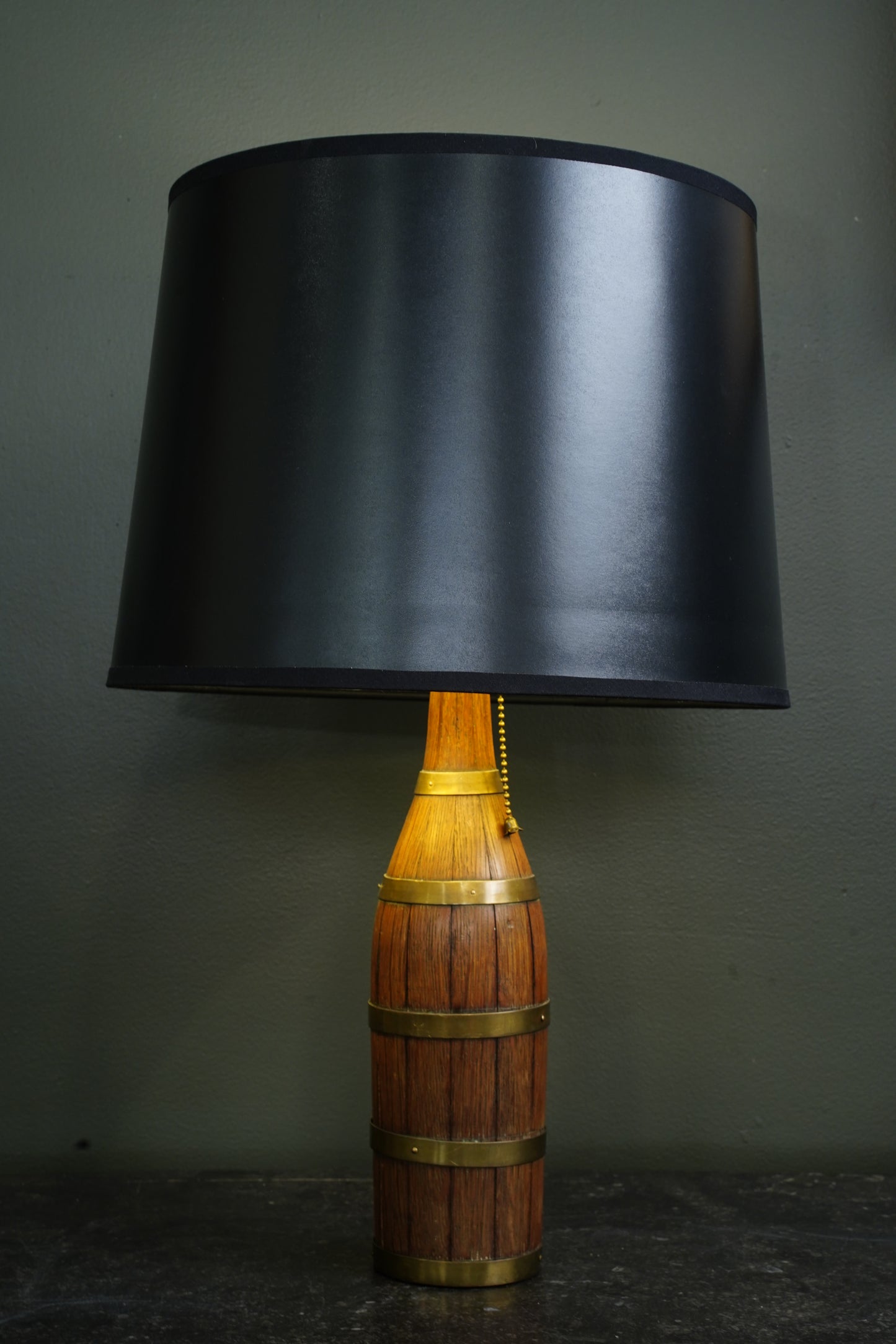 Antique European Oak Brass-Banded Bottle Table Lamp