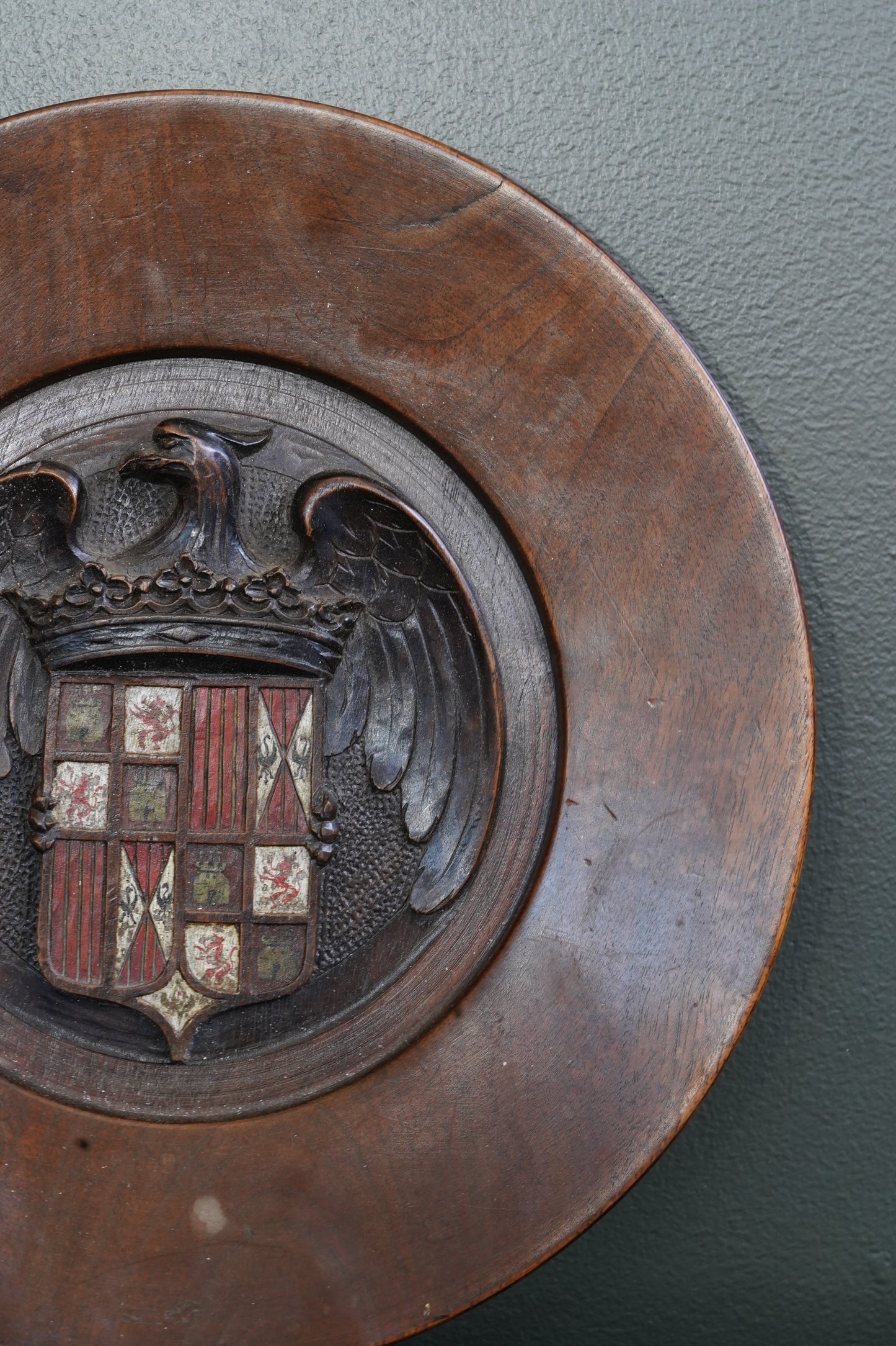 Carved Walnut Spanish Armorial Charger, Arms of the Catholic Monarchs, Circa 1930