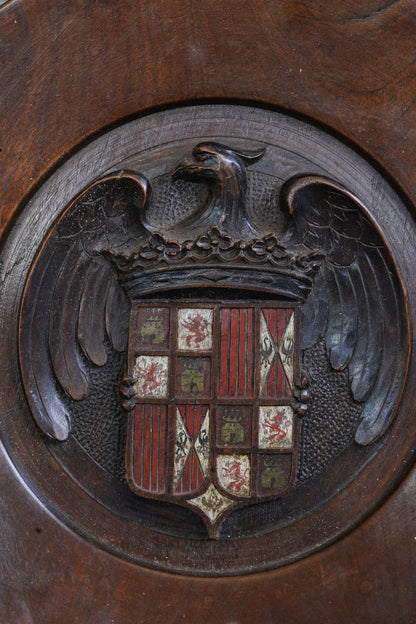 Carved Walnut Spanish Armorial Charger, Arms of the Catholic Monarchs, Circa 1930