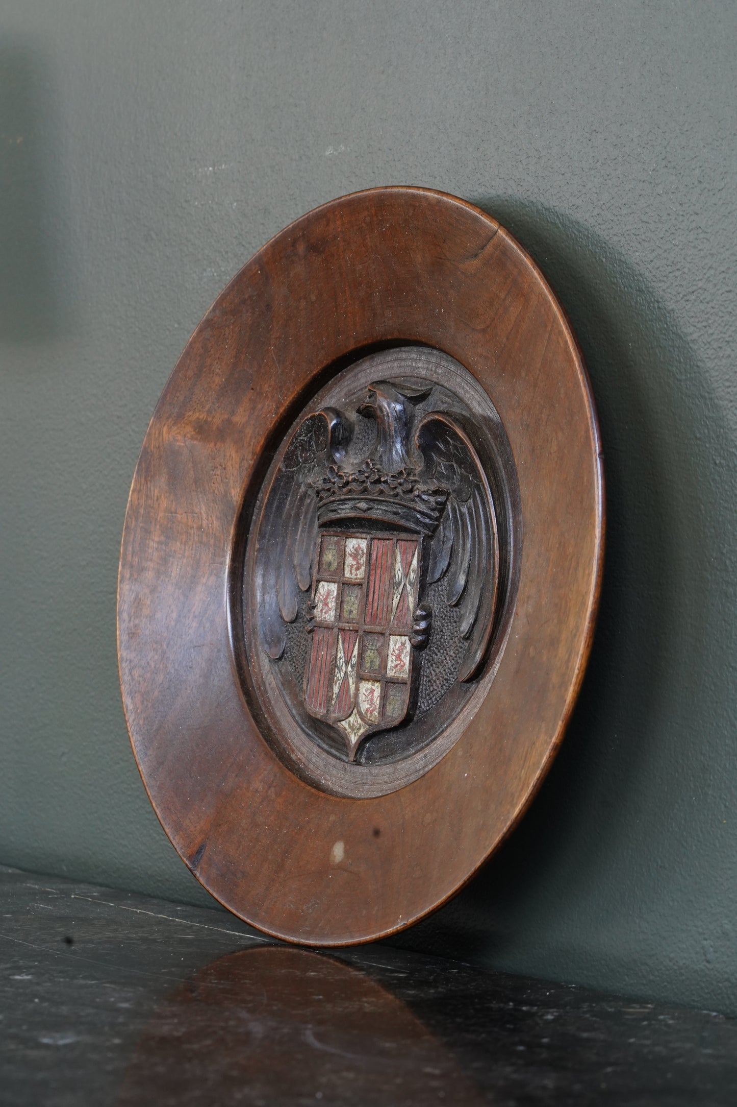 Carved Walnut Spanish Armorial Charger, Arms of the Catholic Monarchs, Circa 1930