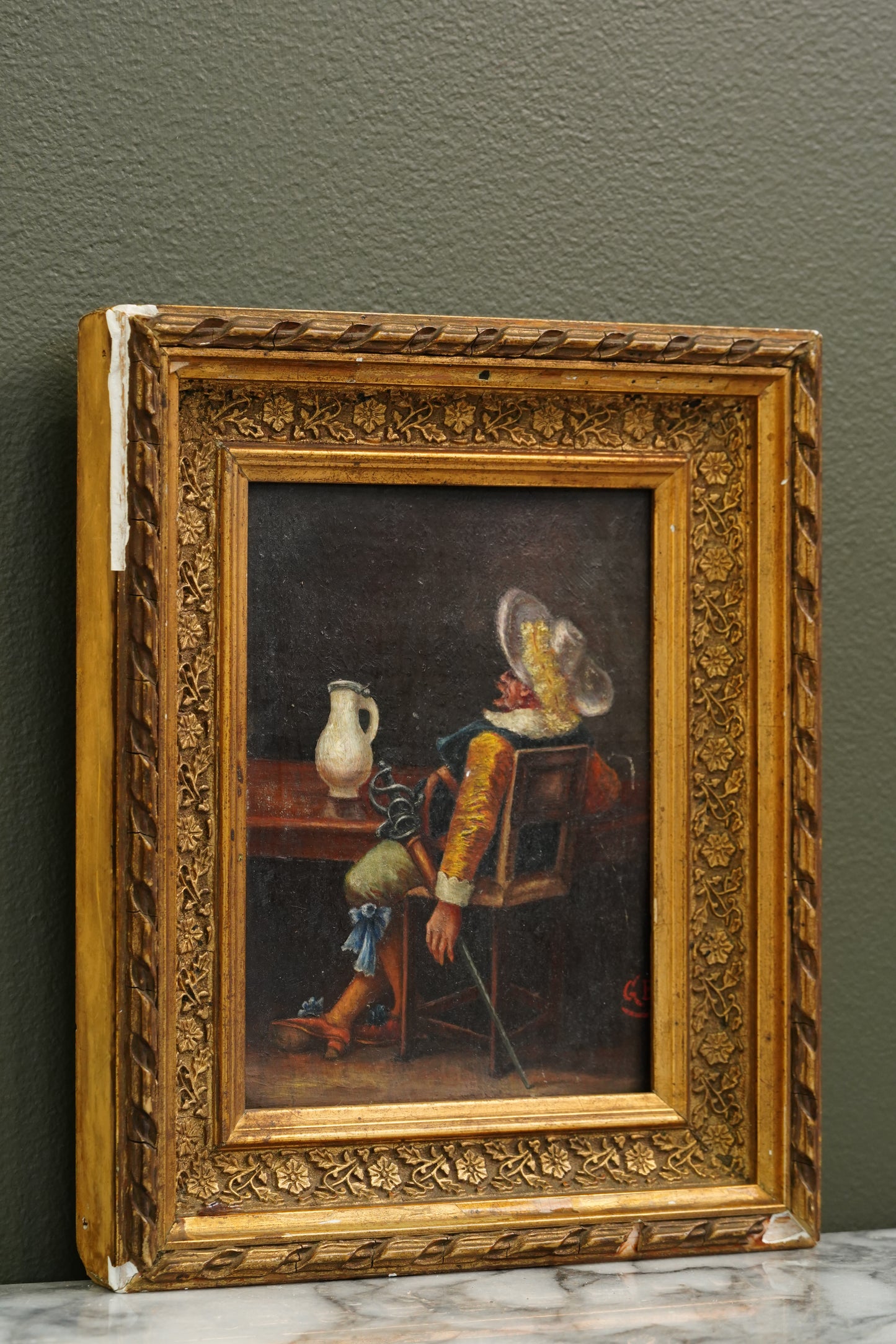Antique European Cavalier Cabinet Oil Painting