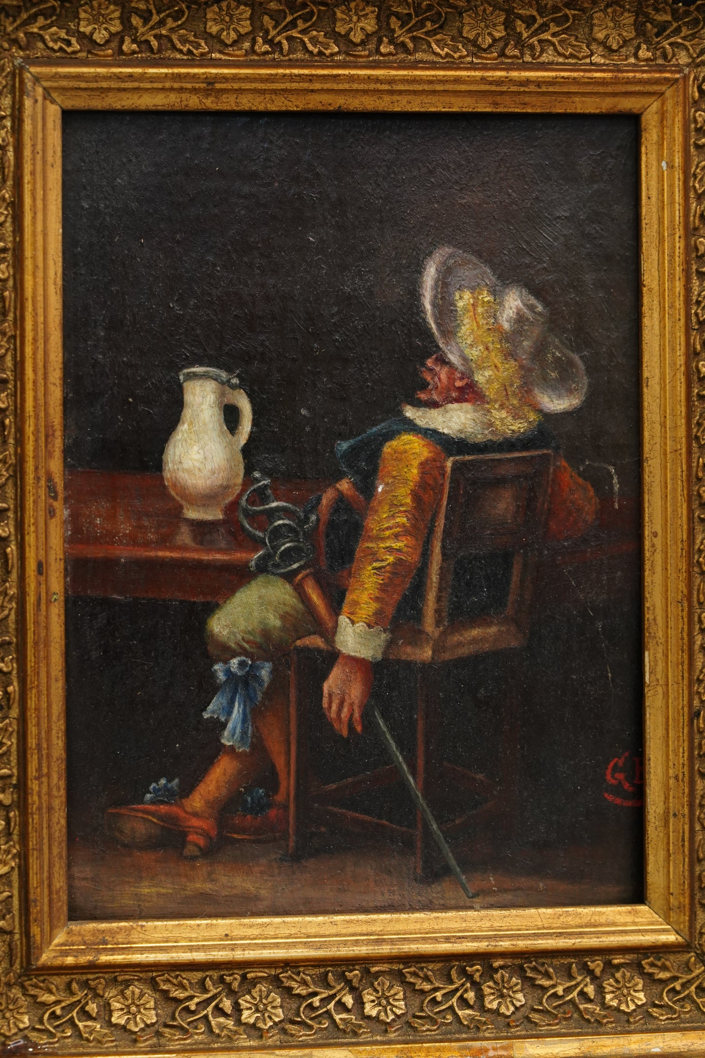 Antique European Cavalier Cabinet Oil Painting