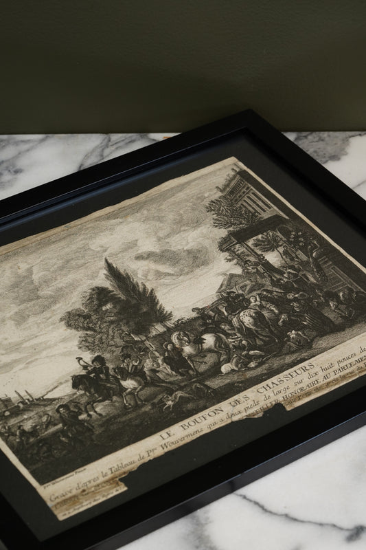 18th Century Engraving Le Boufon des Chasseurs After Wouwerman, Ca. 1750