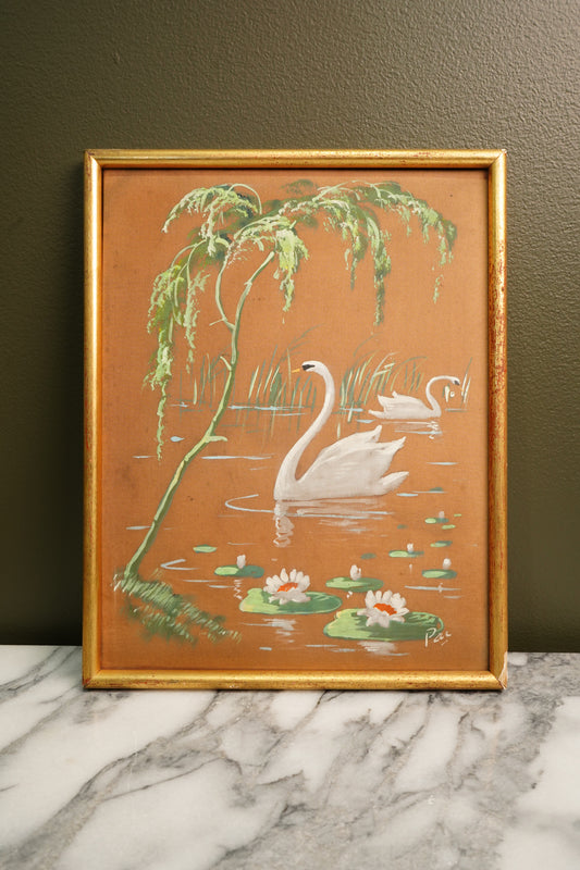 Mid-Century Continental Silk Painting, Swans & Water Lilies, Signed