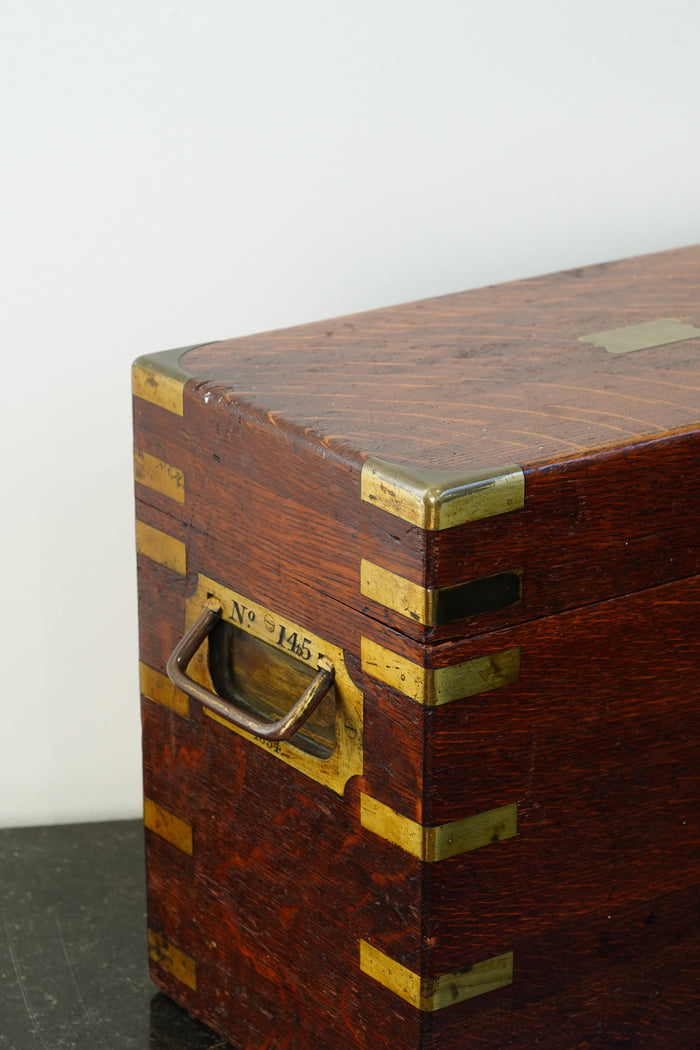 Antique English Brass Bound Oak Campaign Box, Dated 1854