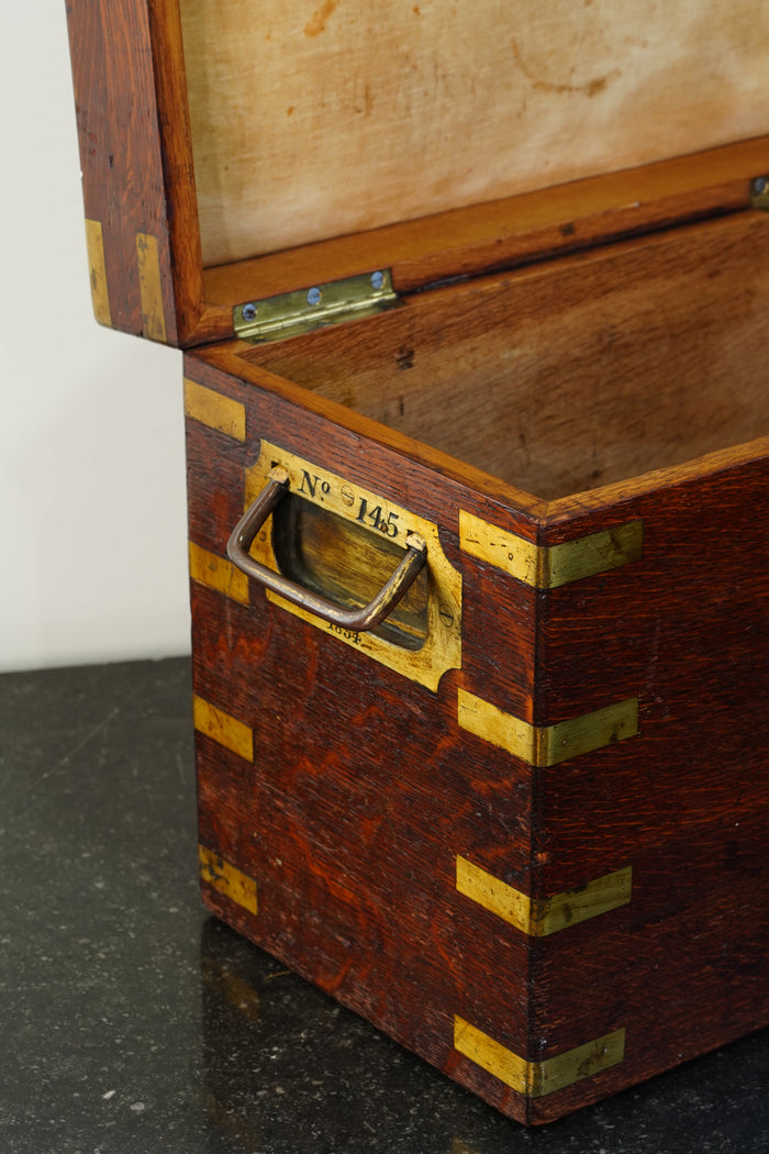Antique English Brass Bound Oak Campaign Box, Dated 1854 detail