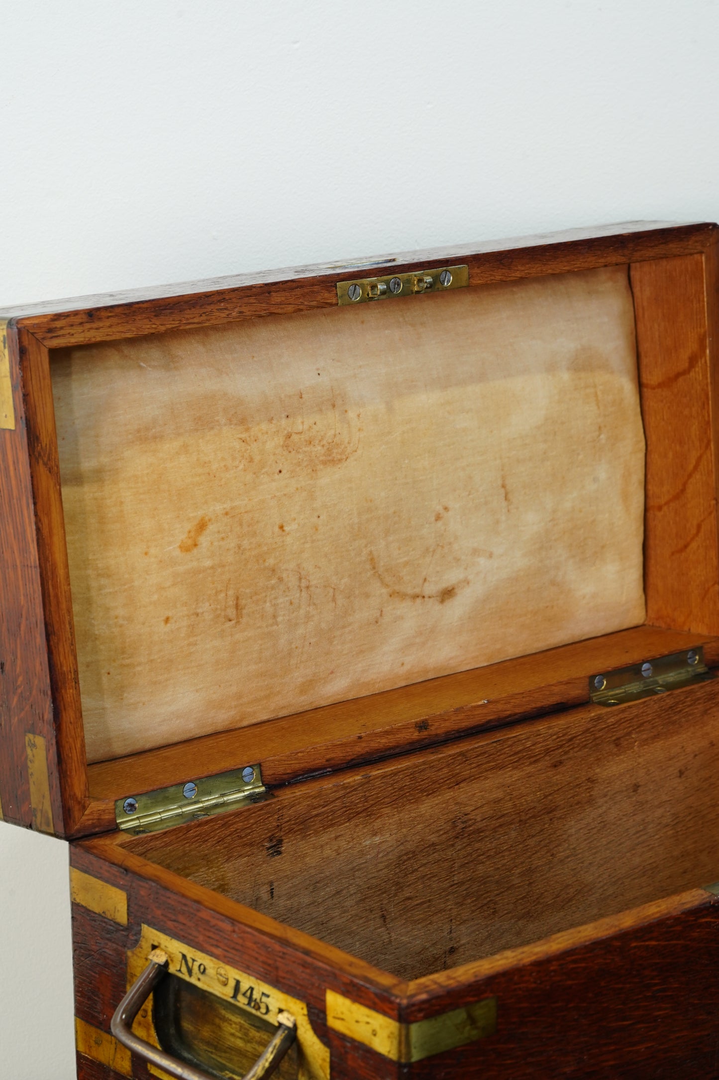 Antique English Brass Bound Oak Campaign Box, Dated 1854