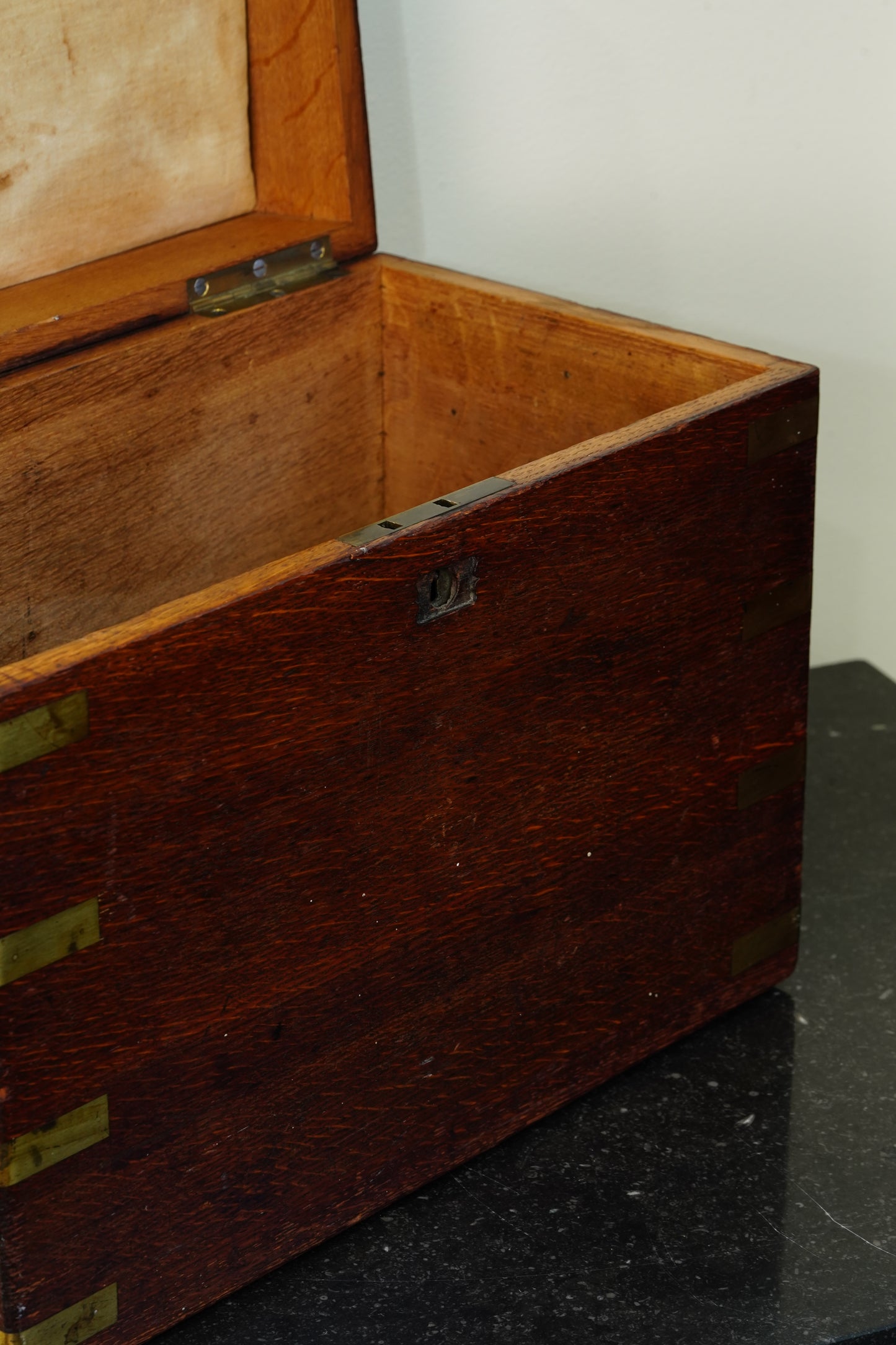 Antique English Brass Bound Oak Campaign Box, Dated 1854