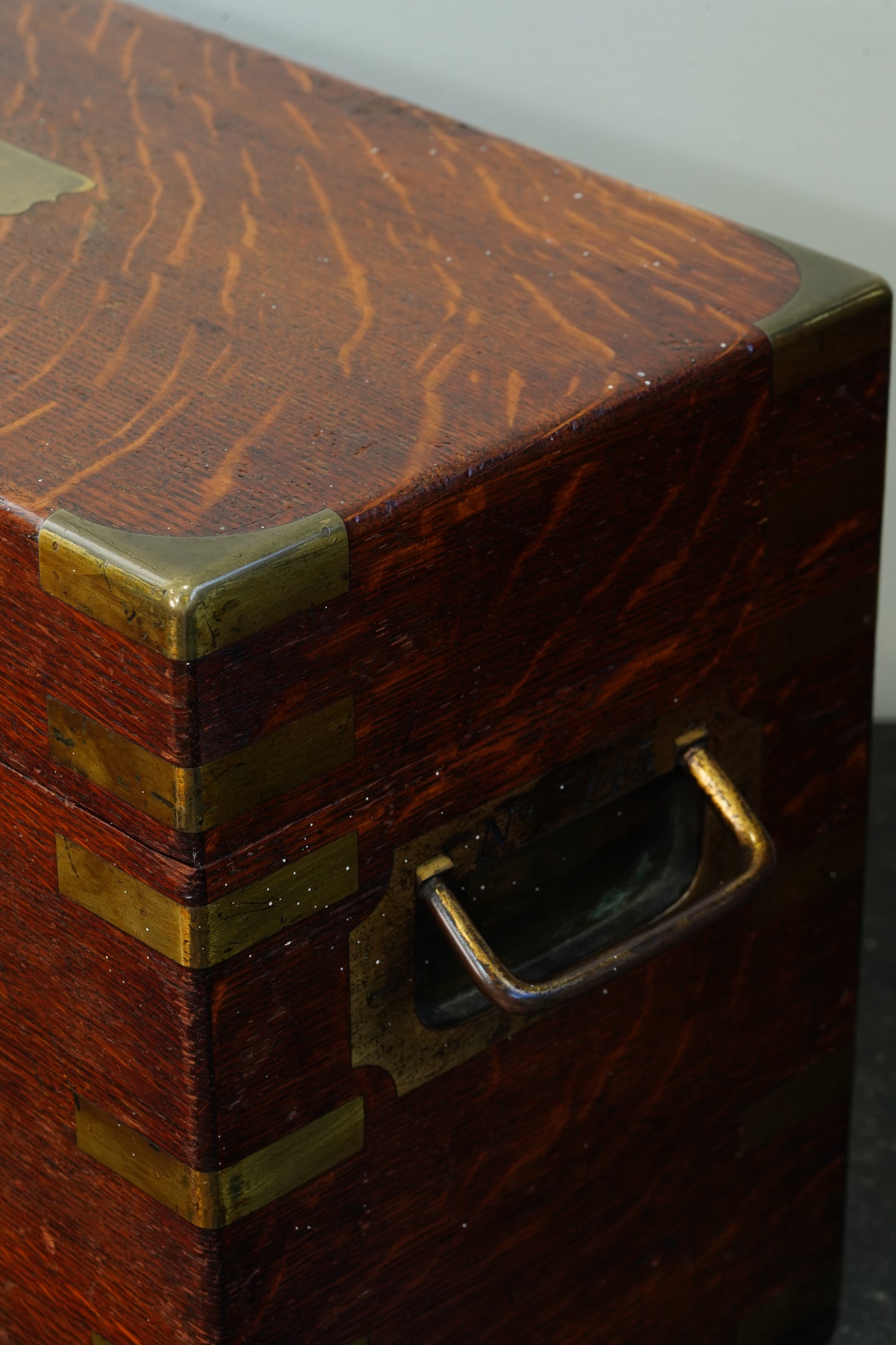 Antique English Brass Bound Oak Campaign Box, Dated 1854