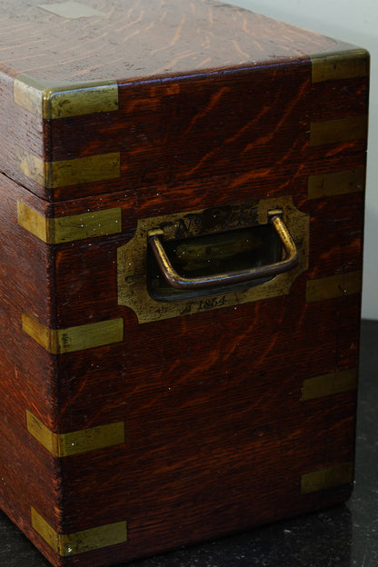 Antique English Brass Bound Oak Campaign Box, Dated 1854