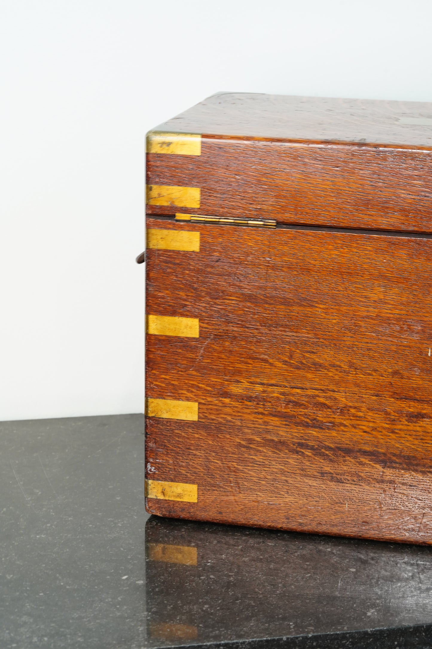 Antique English Brass Bound Oak Campaign Box, Dated 1854
