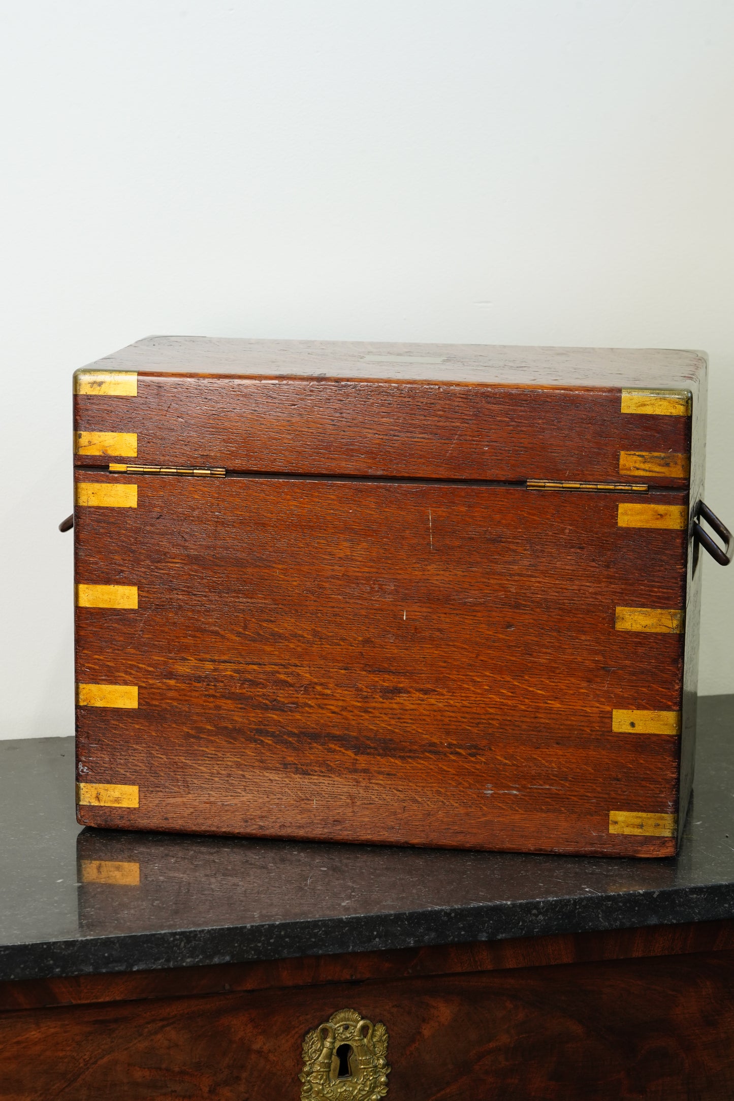Antique English Brass Bound Oak Campaign Box, Dated 1854