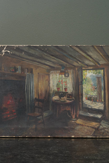Antique British School Cottage Interior Oil Painting, Circa 1900